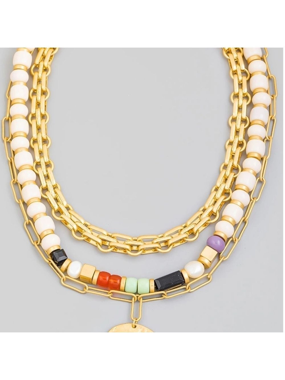 Hammered Disc Layered Bead Chain Necklace - Picture 2 of 3